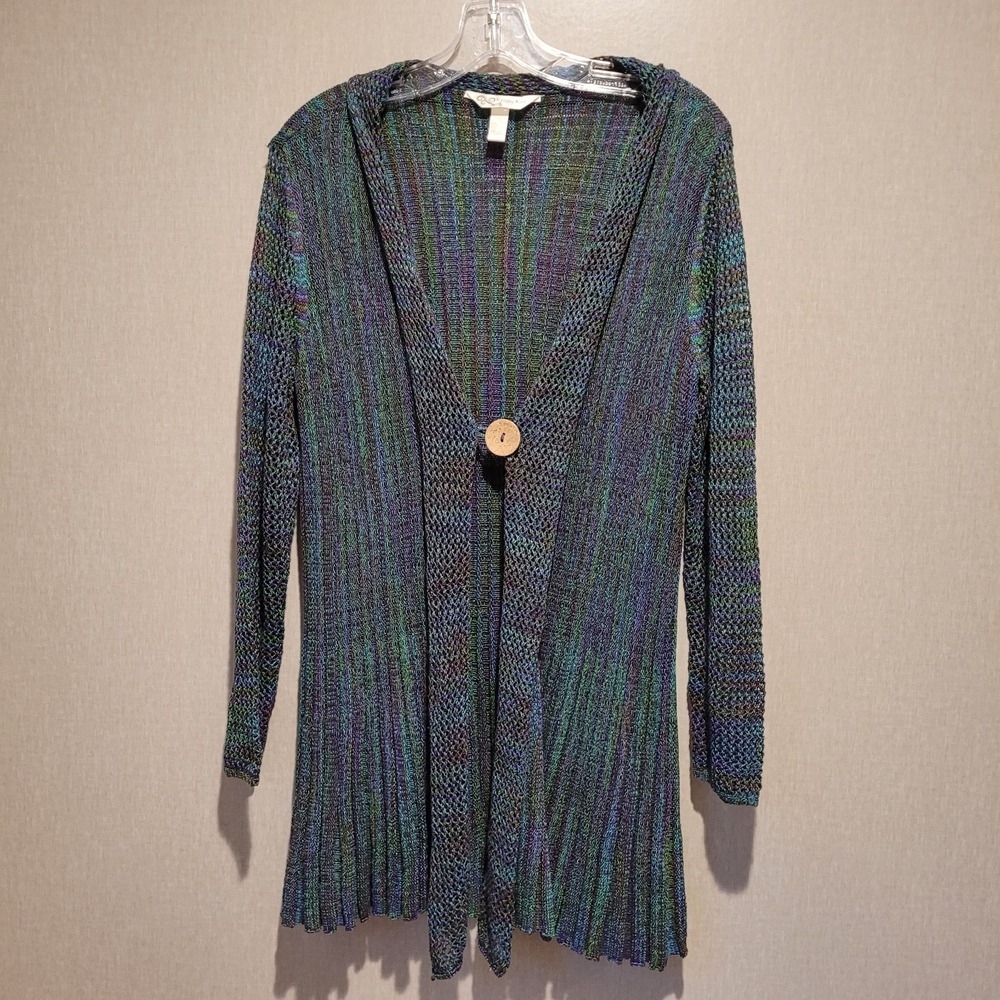 Krazy Kat Open Knit Cardigan Sweater Size L | Multi-Color Space Dye Blue...